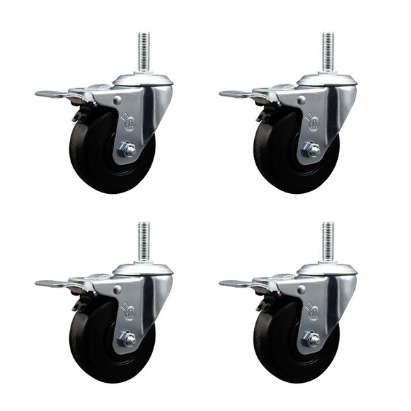 4 Inch Phenolic Swivel 34 Inch Threaded Stem Caster Set with Total Lock Brake